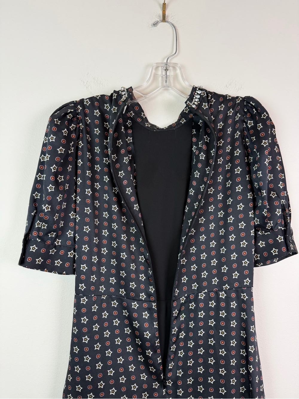 Sandro Short Star-Print Satin Dress with Rhinestone Neckline Size 36 US 4 - Picture 12 of 16